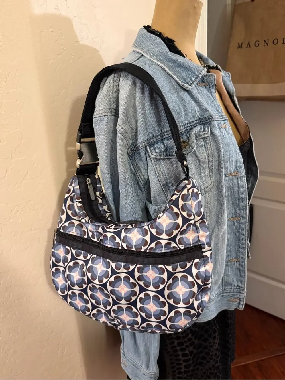 LeSportSac blue and white hobo nylon purse